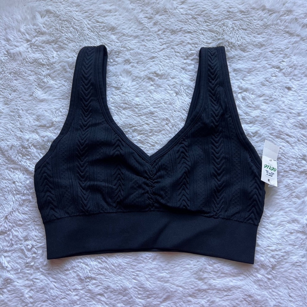 Aerie Women Black Seamless Chevron Textured V-Neck Bralette 069-2693-3530 Size M